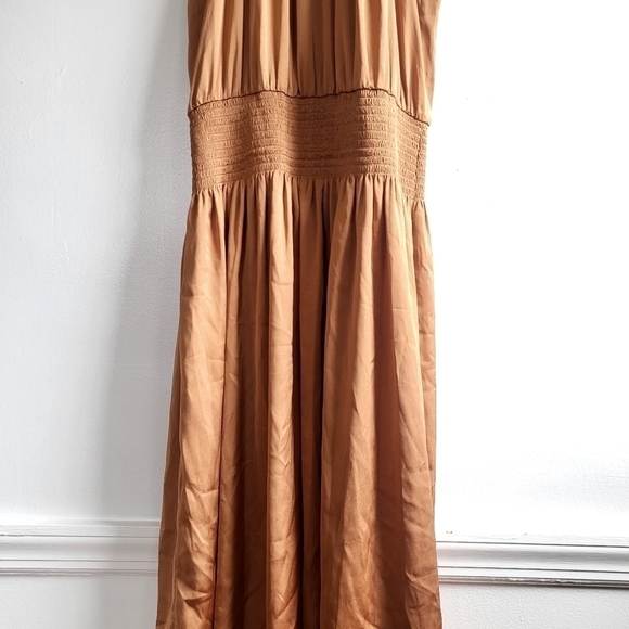 New Ramy Brook Belle Halter Neck Sleeveless Smocked Light Cognac Midi Dress Sz M - Picture 7 of 12
